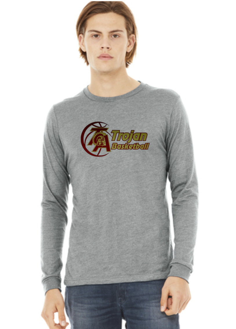 Gray, Black, or maroon Long Sleeve Bella Canvas Triblend Tshirt with Basketball Logo Screen Printed