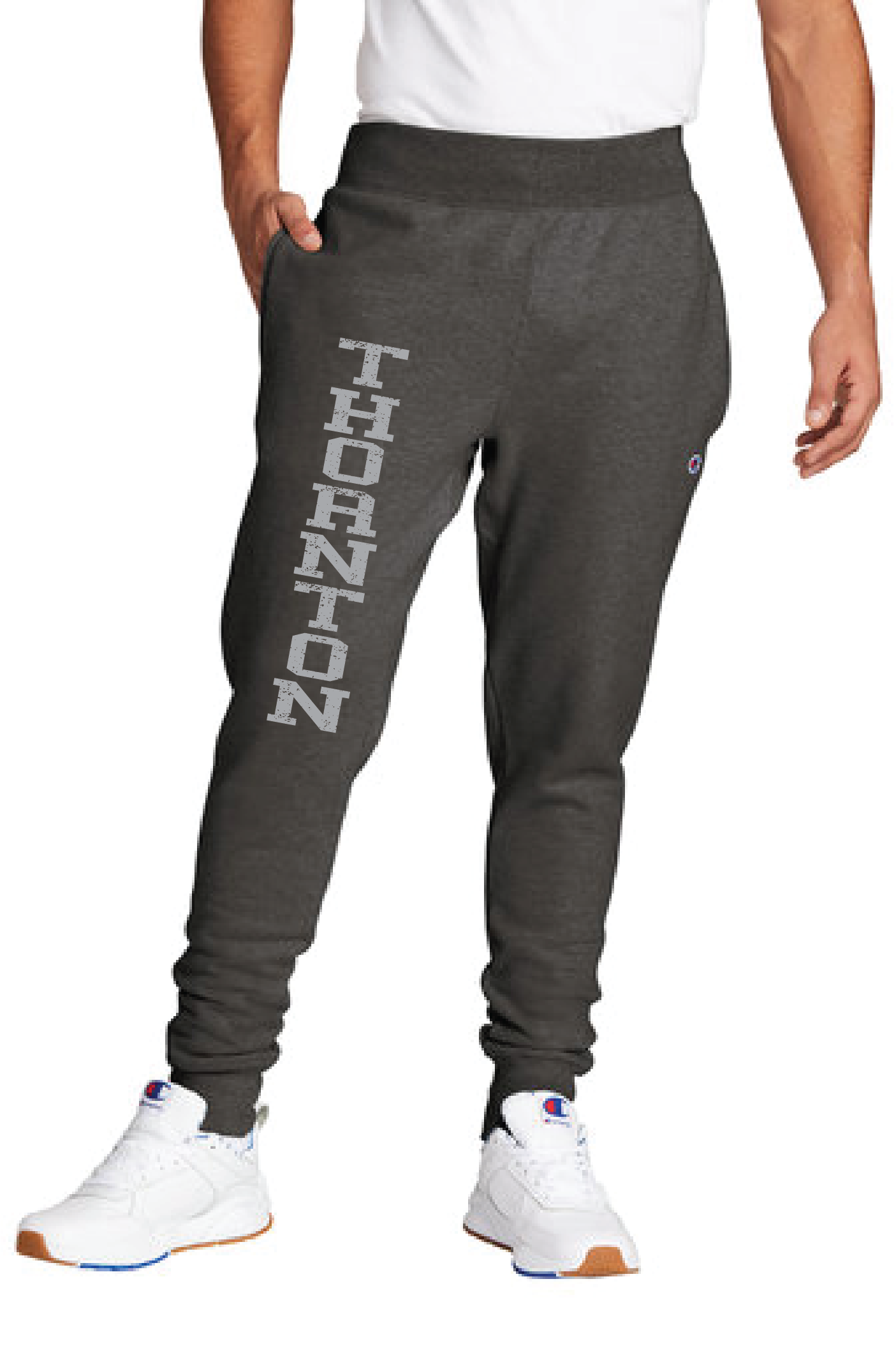 Champion Joggers with THORNTON logo down leg.